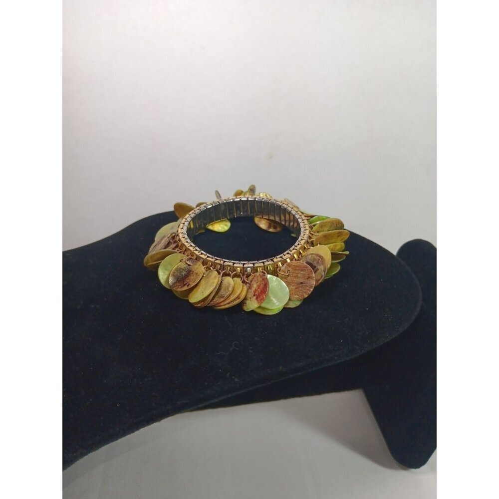 Vtg Abalone Shell Bracelet Round Green Brown Discs Summer Beach Jewelry Stretch